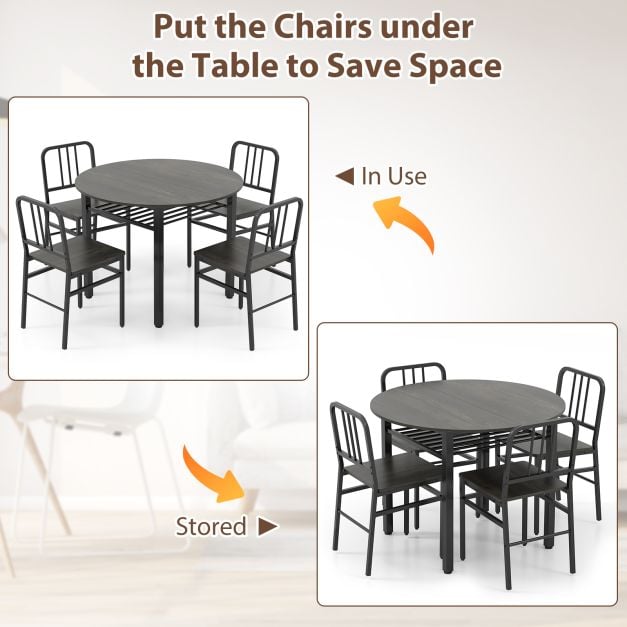 5 Piece Dining Table Set with Storage Rack for Dining Room in Grey