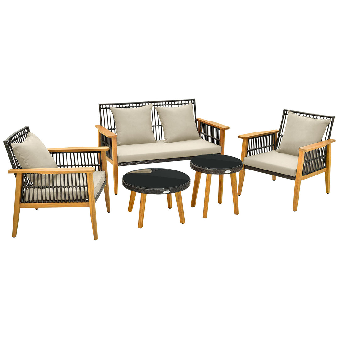 5 Pieces Outdoor Conversation Set with Acacia Wood Frame and Cushions-Brown