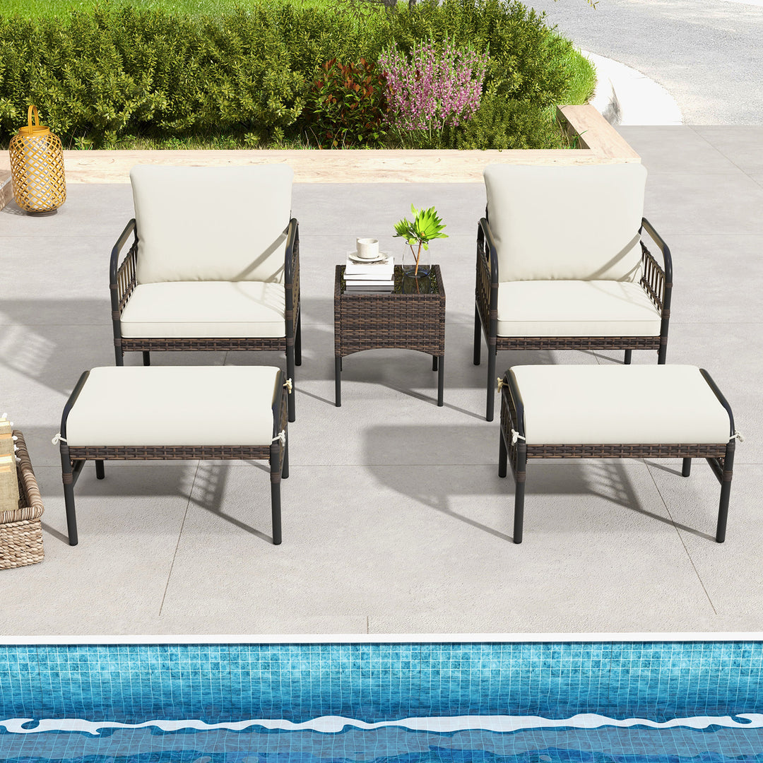 5 Piece Patio Conversation Set with Ottomans and Coffee Table-White