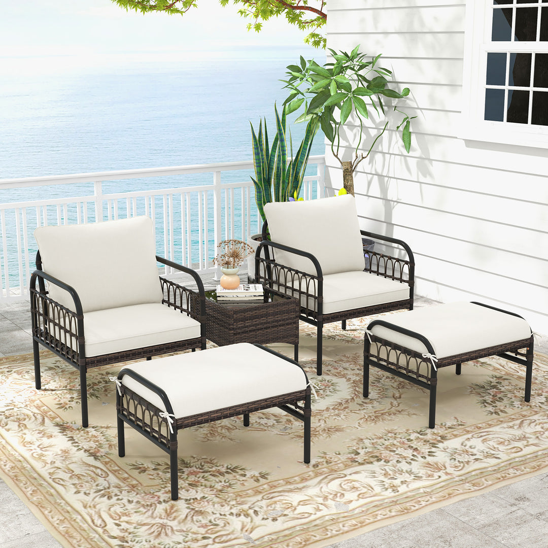 5 Piece Patio Conversation Set with Ottomans and Coffee Table-White