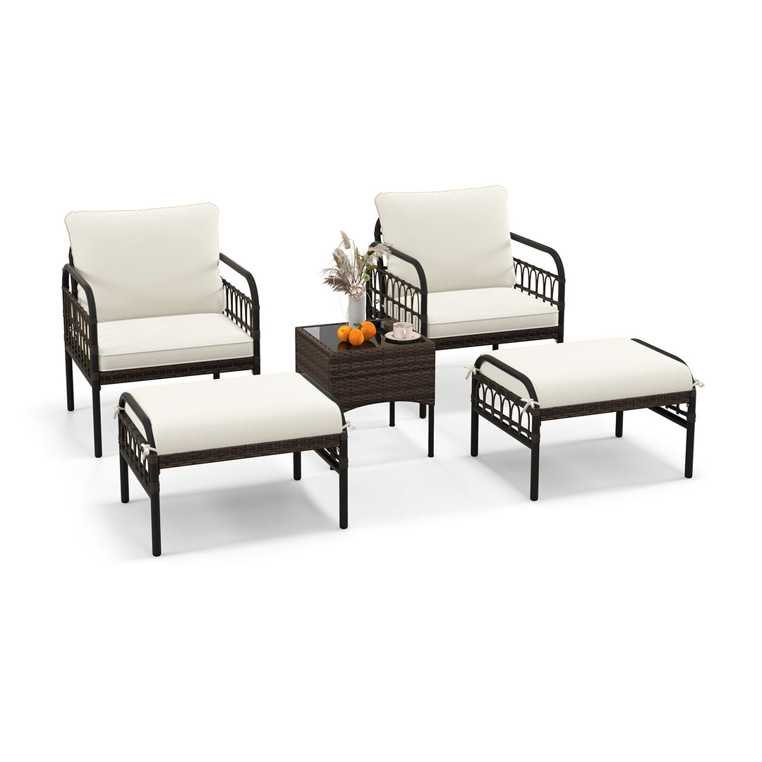 5 Piece Patio Conversation Set with Ottomans and Coffee Table-White