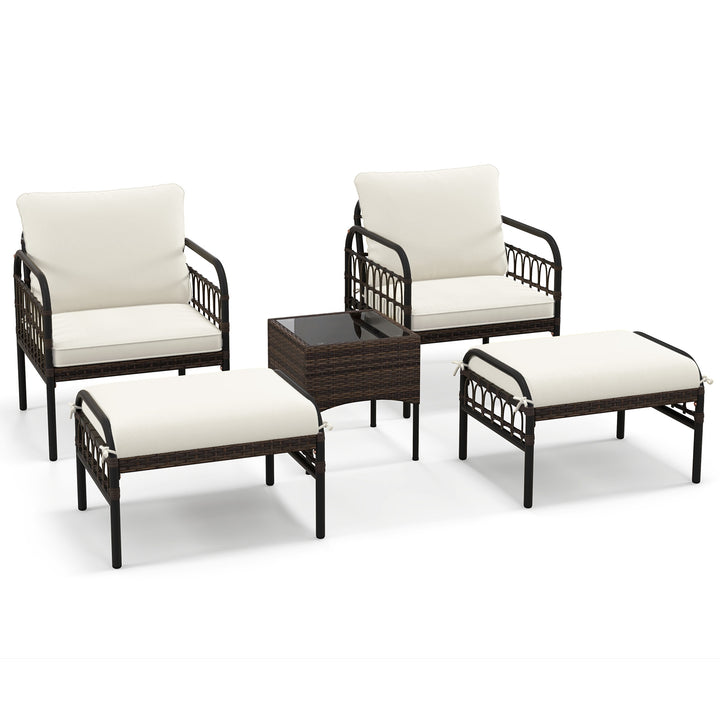 5 Piece Patio Conversation Set with Ottomans and Coffee Table-White