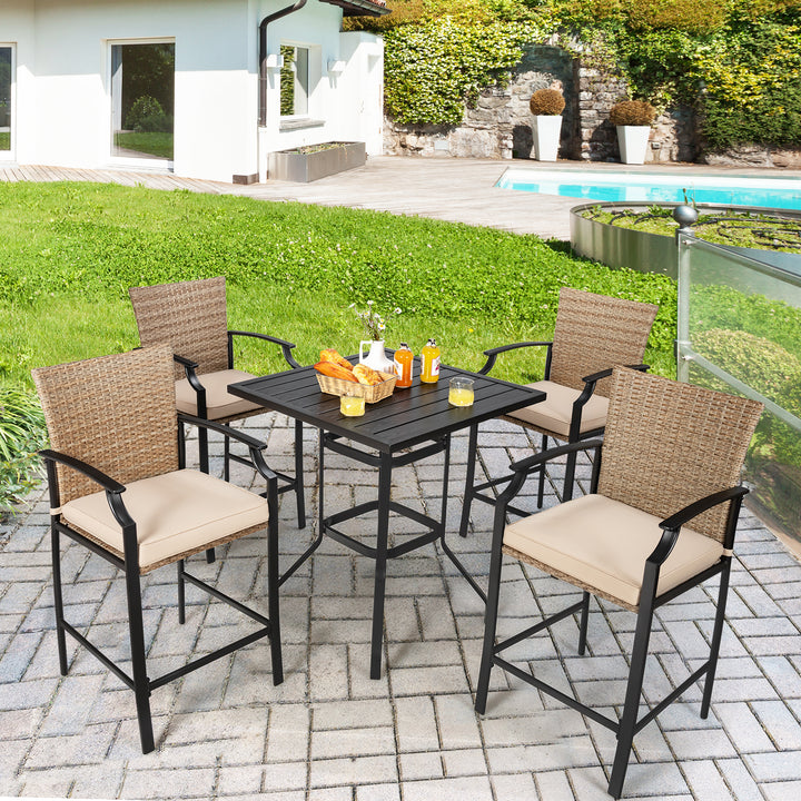 5 Pieces Patio Rattan Bar Stool Set with 4 Wicker Bar Chairs and 1 Bar Table - TidySpaces