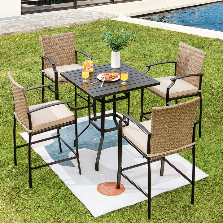 5 Pieces Patio Rattan Bar Stool Set with 4 Wicker Bar Chairs and 1 Bar Table - TidySpaces