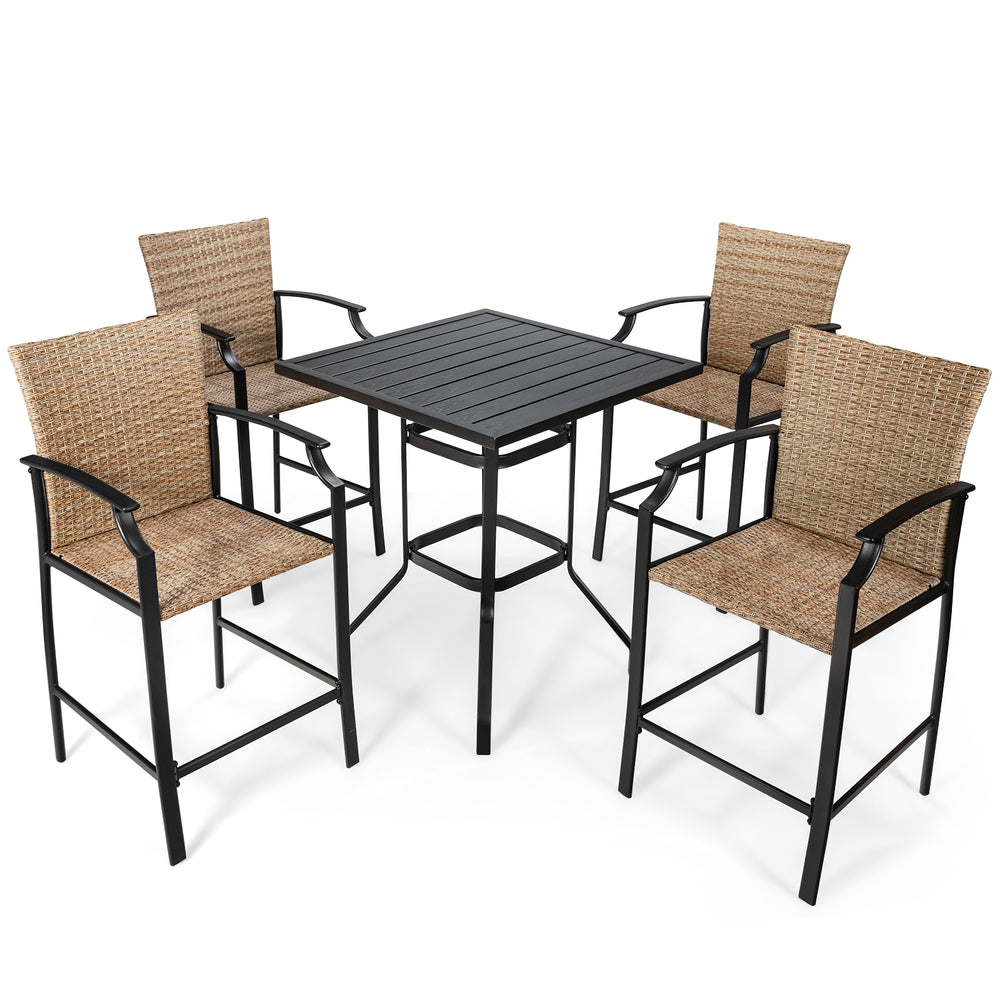 5 Pieces Patio Rattan Bar Stool Set with 4 Wicker Bar Chairs and 1 Bar Table - TidySpaces