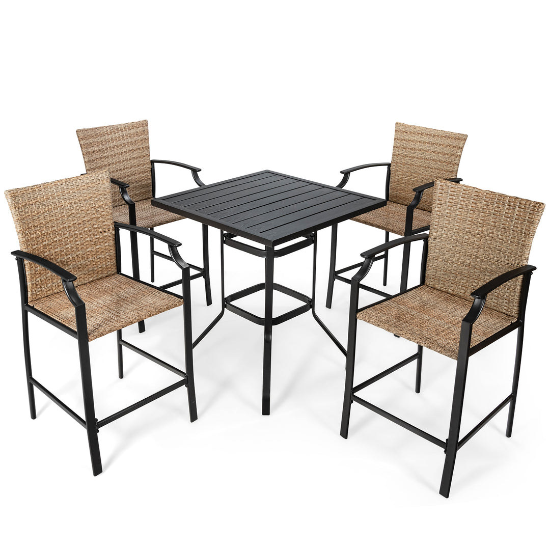 5 Pieces Patio Rattan Bar Stool Set with 4 Wicker Bar Chairs and 1 Bar Table - TidySpaces
