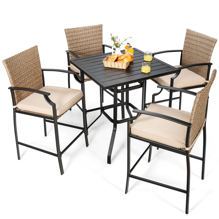 5 Pieces Patio Rattan Bar Stool Set with 4 Wicker Bar Chairs and 1 Bar Table - TidySpaces