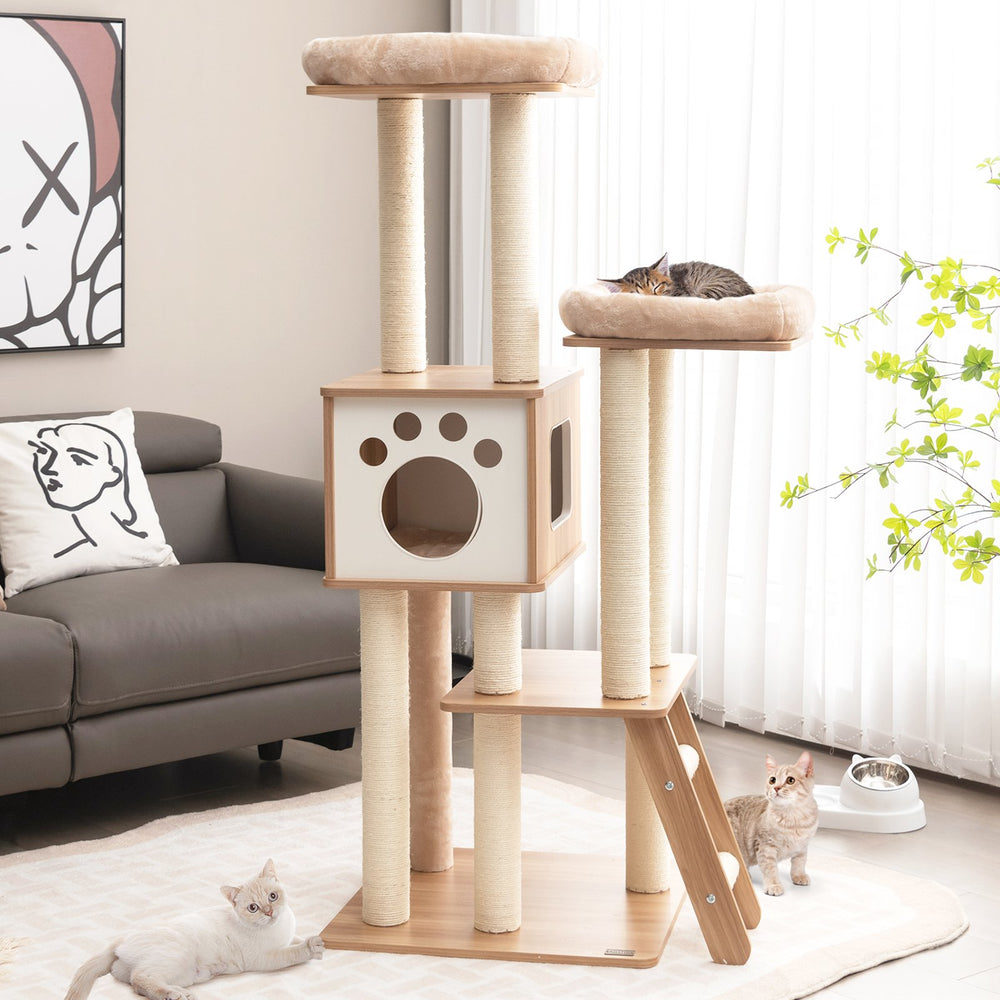 5-Tier Cat Tree Tower with Cando and 2 Padded Plush Perches - TidySpaces