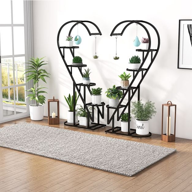 5 Tier Metal Heart shaped Plant Stand with Hanging Hooks