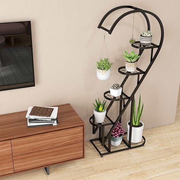 5 Tier Metal Heart shaped Plant Stand with Hanging Hooks