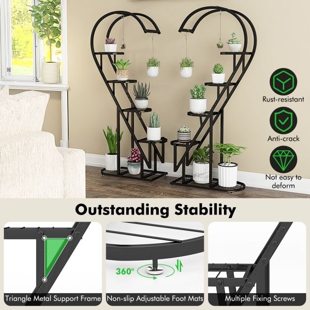 5 Tier Metal Heart shaped Plant Stand with Hanging Hooks