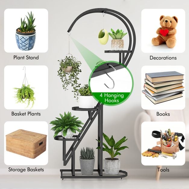 5 Tier Metal Heart shaped Plant Stand with Hanging Hooks