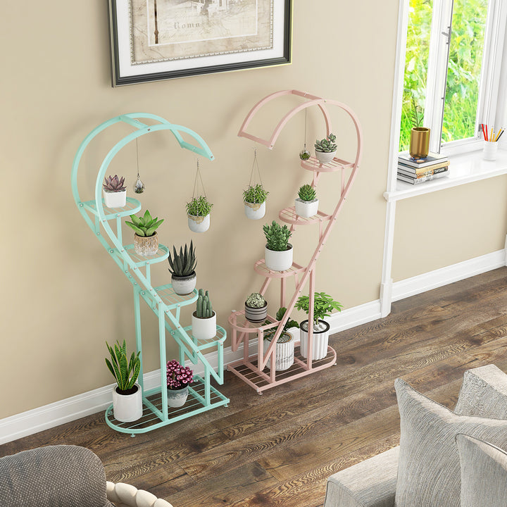 5 Tier Metal Heart shaped Plant Stand with Hanging Hooks