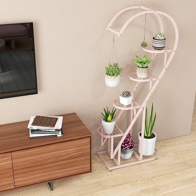 5 Tier Metal Heart shaped Plant Stand with Hanging Hooks