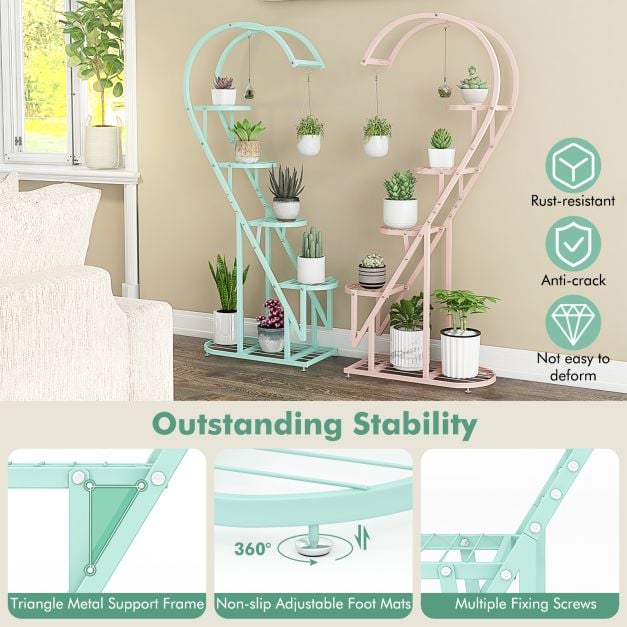5 Tier Metal Heart shaped Plant Stand with Hanging Hooks