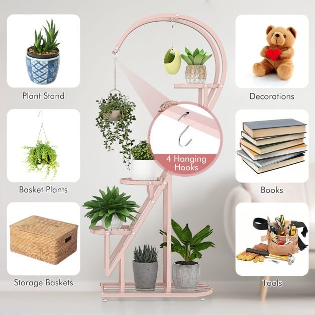 5 Tier Metal Heart shaped Plant Stand with Hanging Hooks