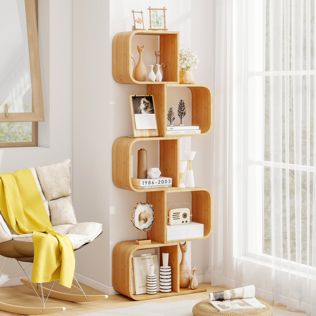 S-Shaped Bookcase Bamboo Bookshelf with Open 5 Cubes 5-Tier