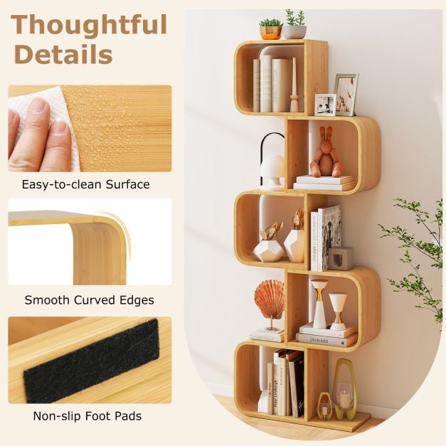 S-Shaped Bookcase Bamboo Bookshelf with Open 5 Cubes 5-Tier