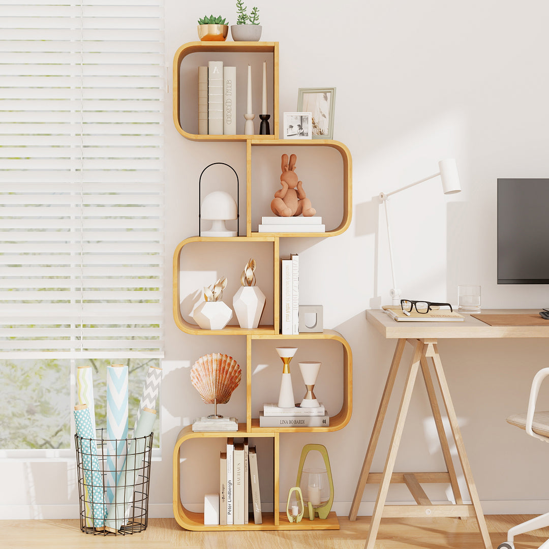 S-Shaped Bookcase Bamboo Bookshelf with Open 5 Cubes 5-Tier