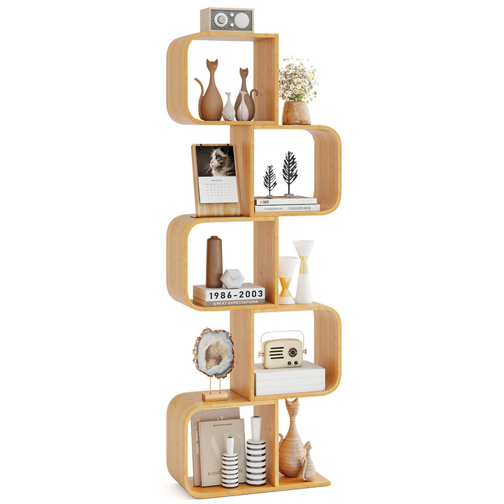 S-Shaped Bookcase Bamboo Bookshelf with Open 5 Cubes 5-Tier