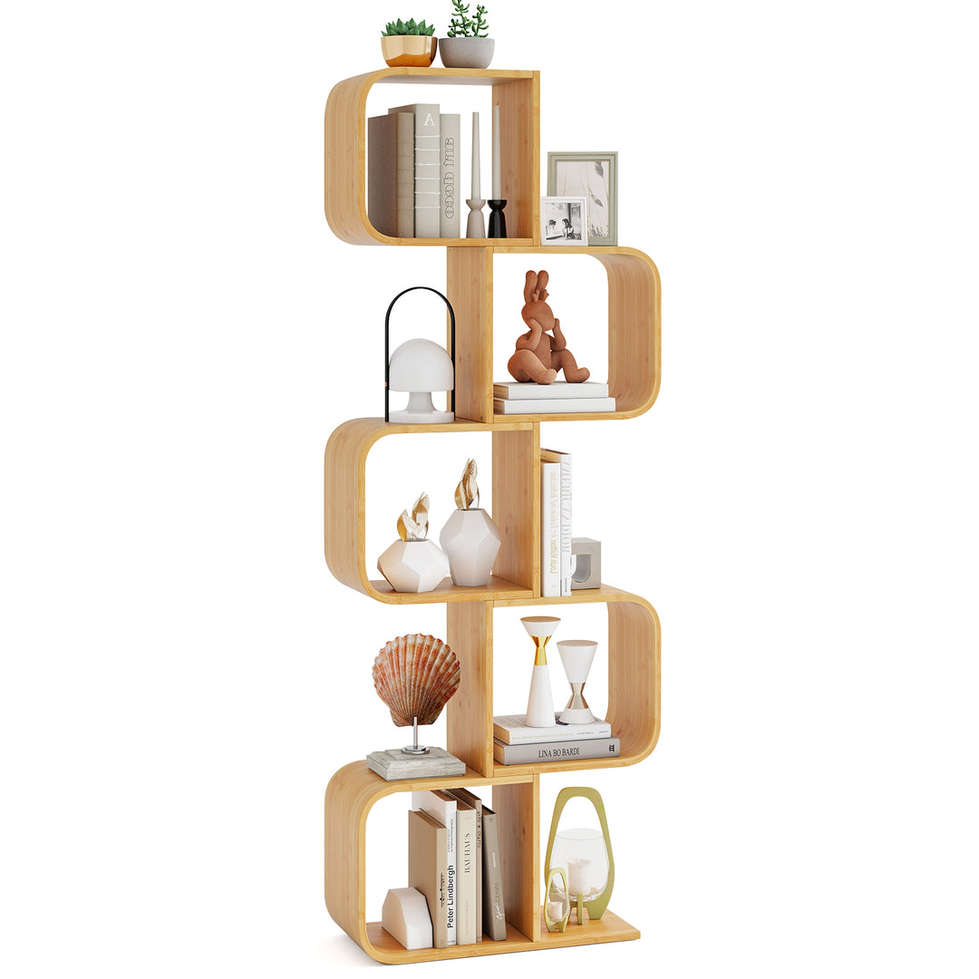 S-Shaped Bookcase Bamboo Bookshelf with Open 5 Cubes 5-Tier