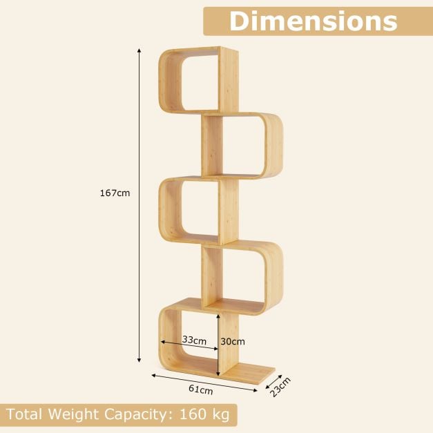 S-Shaped Bookcase Bamboo Bookshelf with Open 5 Cubes 5-Tier
