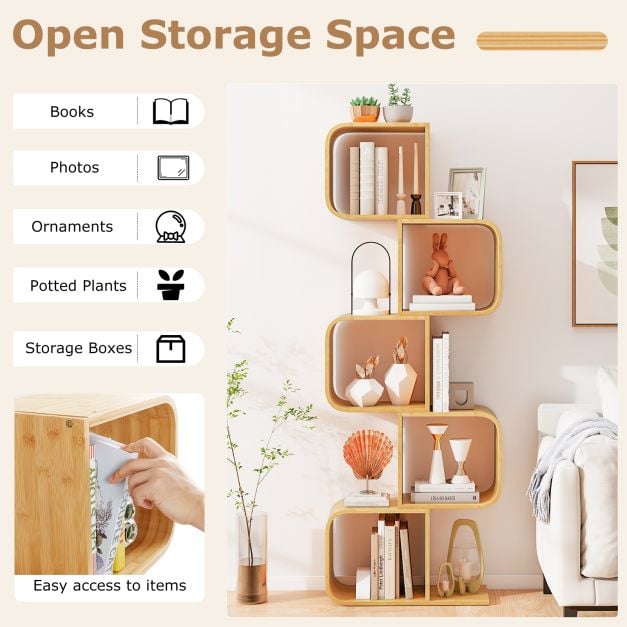 S-Shaped Bookcase Bamboo Bookshelf with Open 5 Cubes 5-Tier