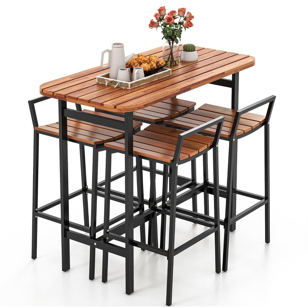 5 Piece Acacia Wood Bar Table Set with Metal Frame and Footrest - TidySpaces