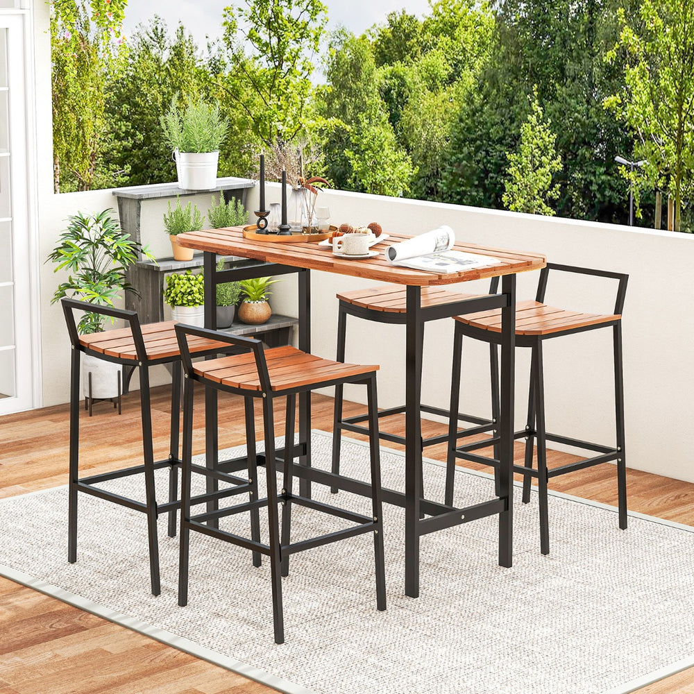 5 Piece Acacia Wood Bar Table Set with Metal Frame and Footrest - TidySpaces