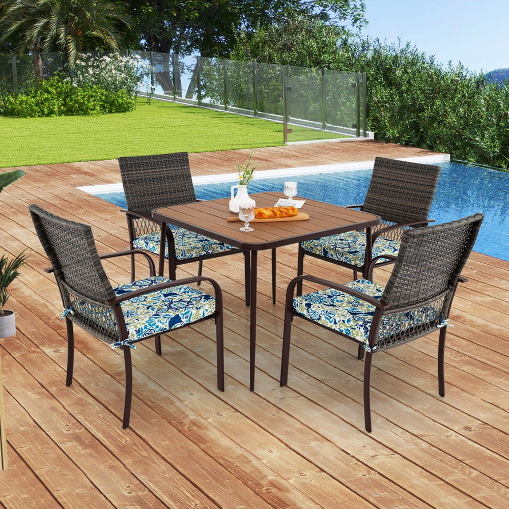 5 Pieces Patio Dining Set with 4 Cushioned Rattan Armchairs and Square Table - TidySpaces