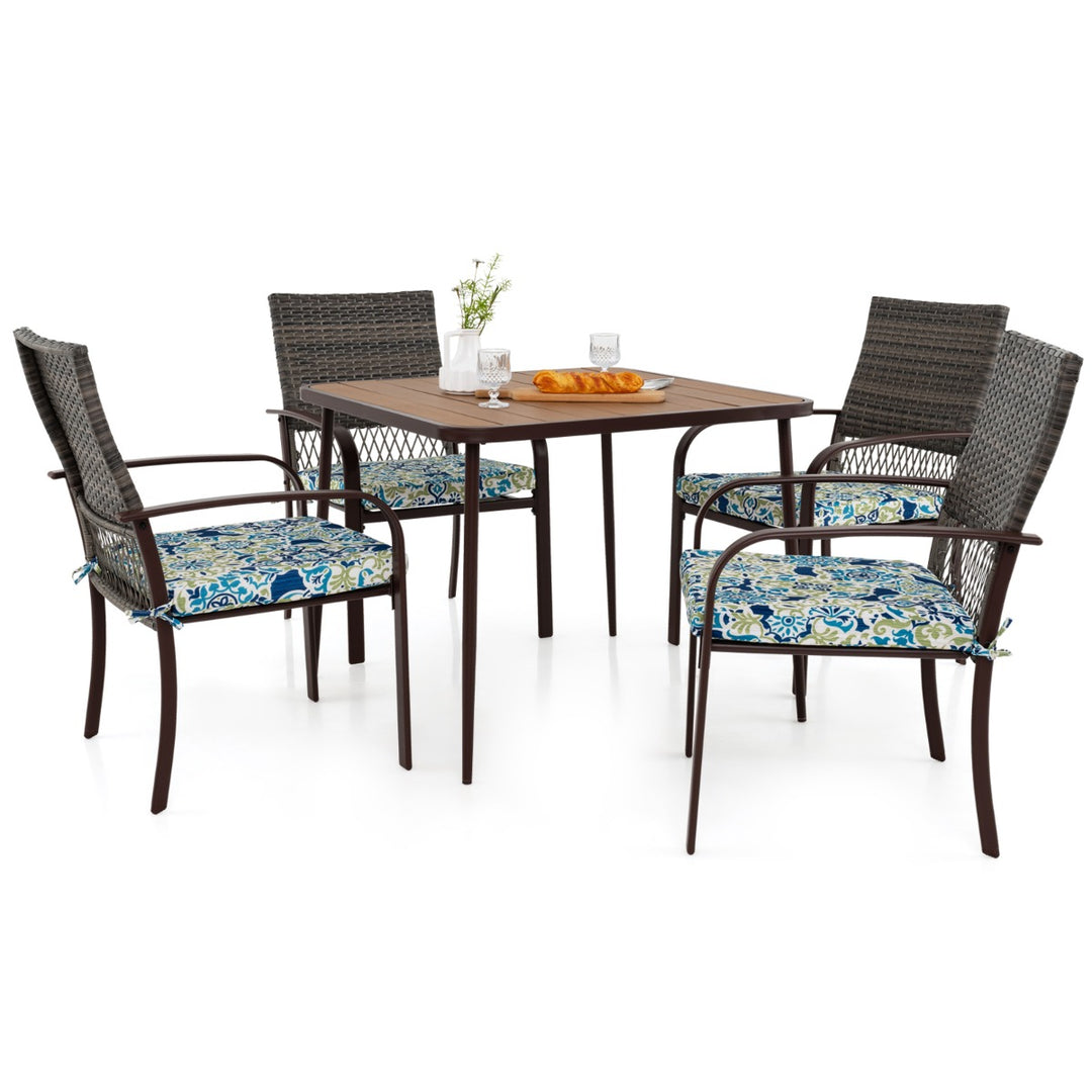 5 Pieces Patio Dining Set with 4 Cushioned Rattan Armchairs and Square Table - TidySpaces