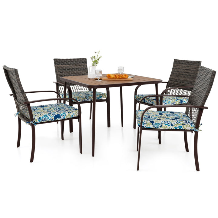 5 Pieces Patio Dining Set with 4 Cushioned Rattan Armchairs and Square Table - TidySpaces