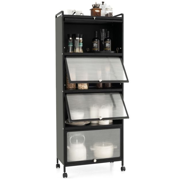 5 Tier Kitchen Bakers Rack Mobile Microwave Stand with Flip up Doors