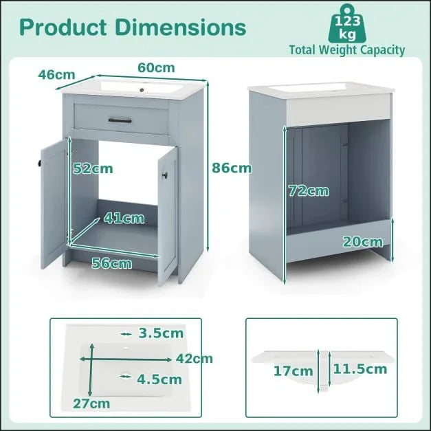600mm Bathroom Vanity with Sink Bathroom Floor Vanity Cabinet-Grey - TidySpaces