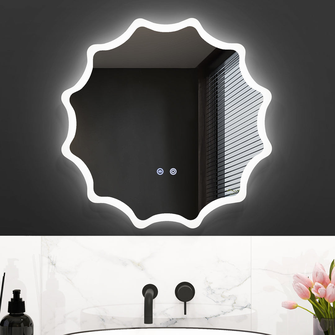 60 x 60 cm LED Waved Edge Round Wall Mirror with 3-Color Lights-Silver - TidySpaces