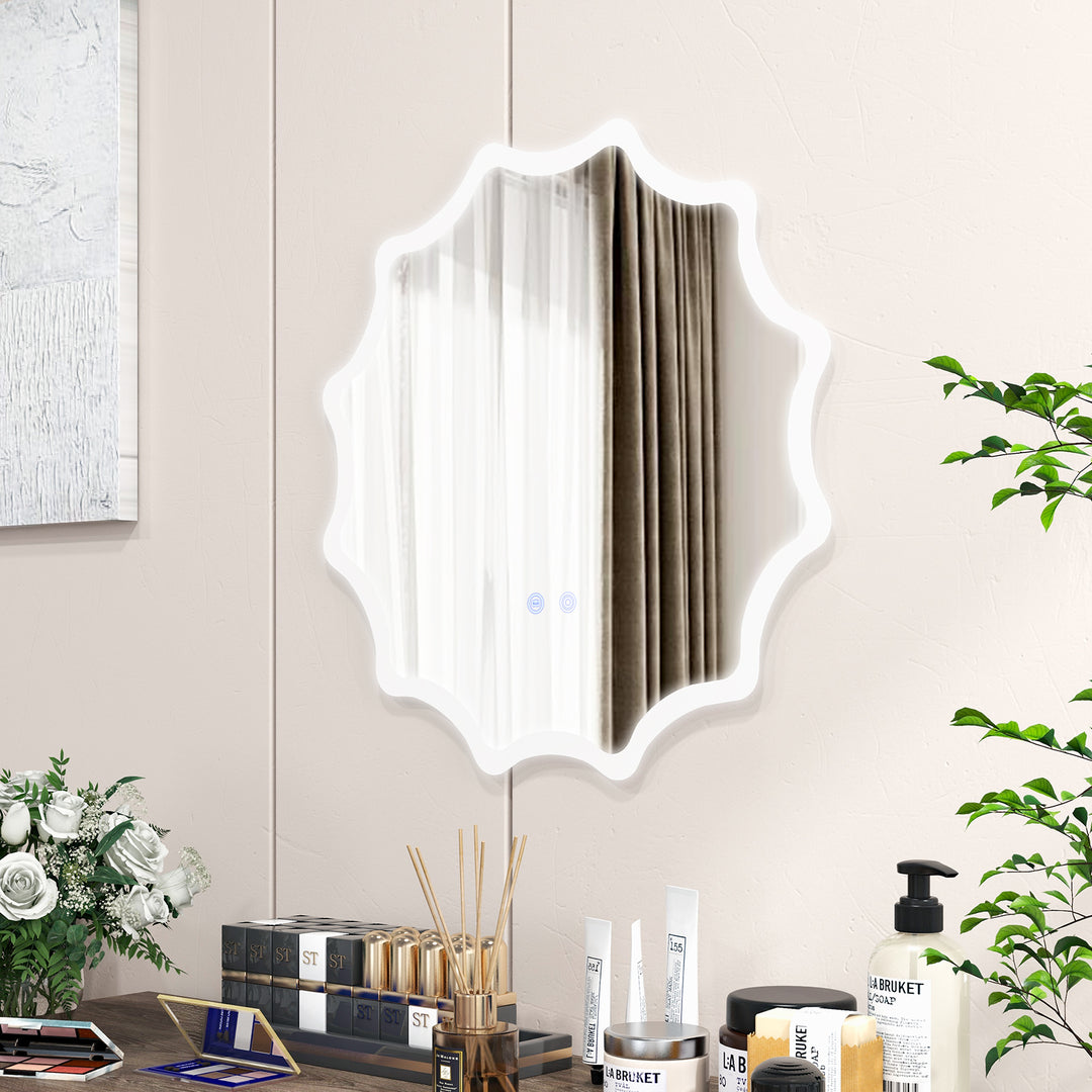 60 x 60 cm LED Waved Edge Round Wall Mirror with 3-Color Lights-Silver - TidySpaces