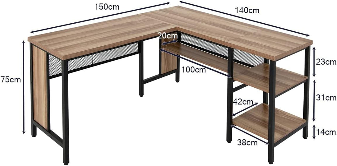 150 x 140 x 75cm Large Corner L Shaped Computer Desk with 3 Storage Shelves - TidySpaces