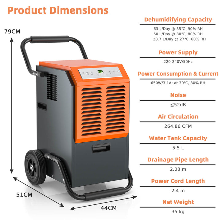 63L Commercial Dehumidifier with 24H Timer and Auto Defrost-Grey - TidySpaces