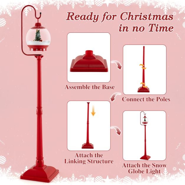 68 Inch Christmas Lamp Post with Sound-Activated Snow Globe Lantern-Red