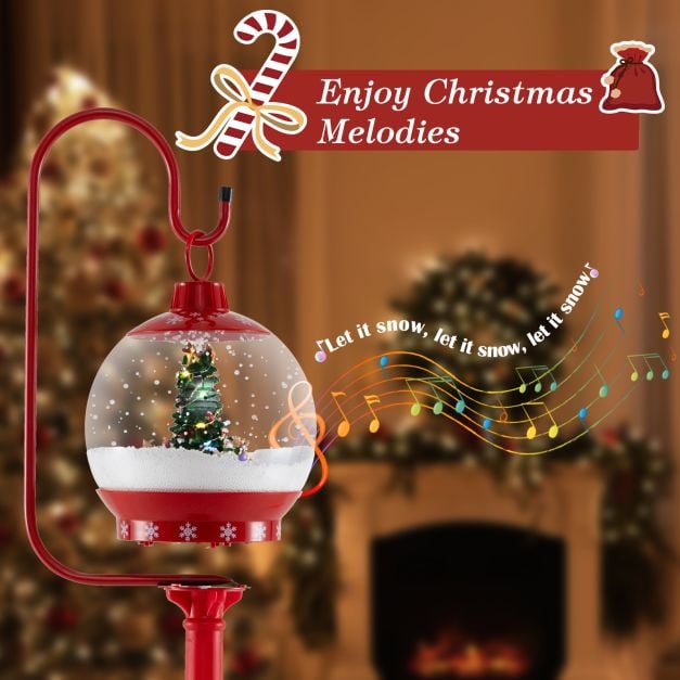 68 Inch Christmas Lamp Post with Sound-Activated Snow Globe Lantern-Red