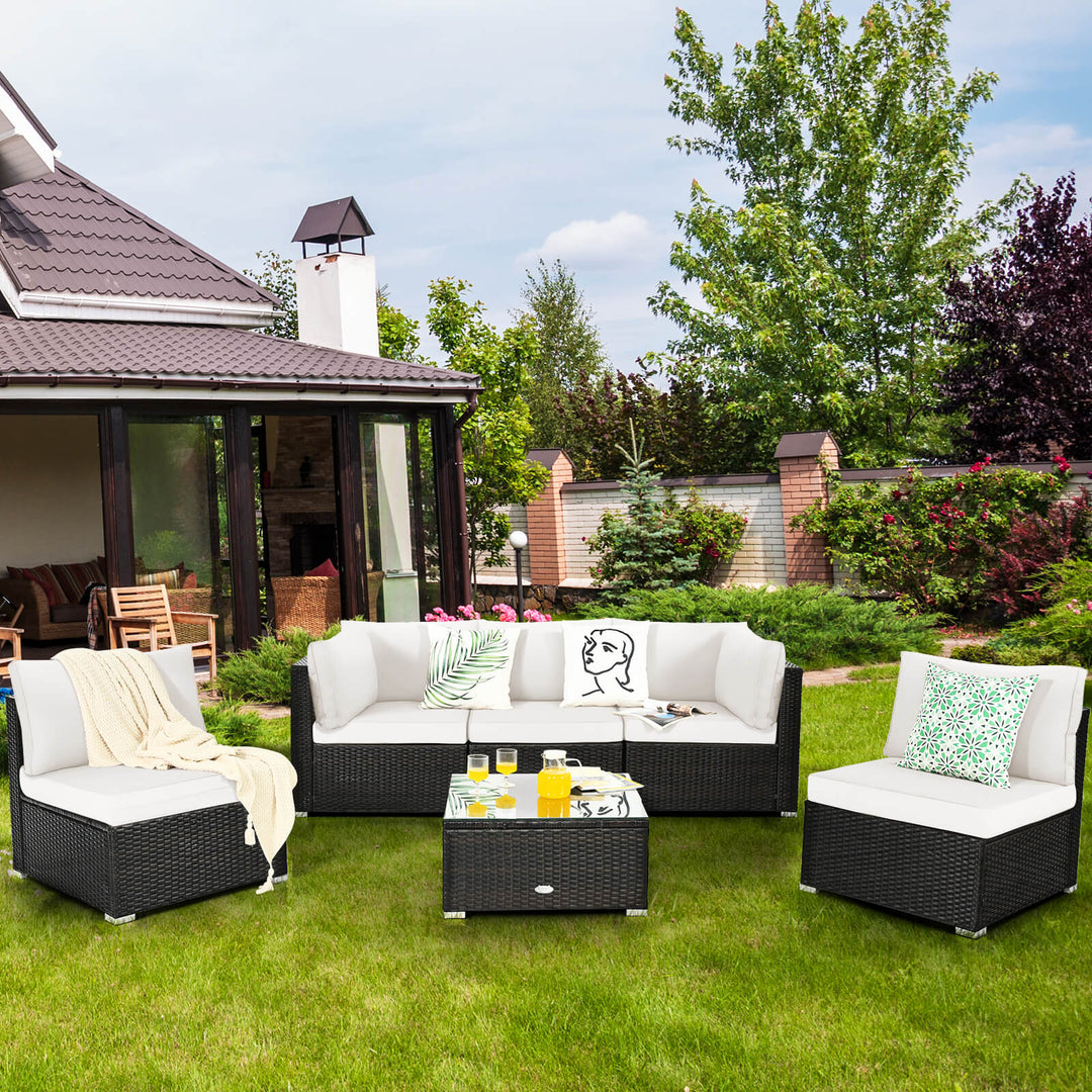 6 Piece Outdoor Rattan Sofa Set with Soft Seat and Back Cushions - TidySpaces