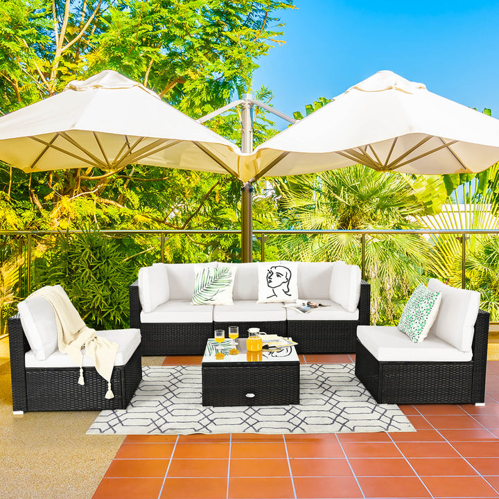6 Piece Outdoor Rattan Sofa Set with Soft Seat and Back Cushions - TidySpaces