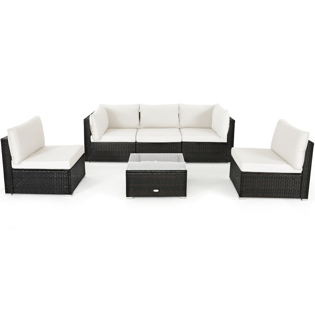 6 Piece Outdoor Rattan Sofa Set with Soft Seat and Back Cushions - TidySpaces