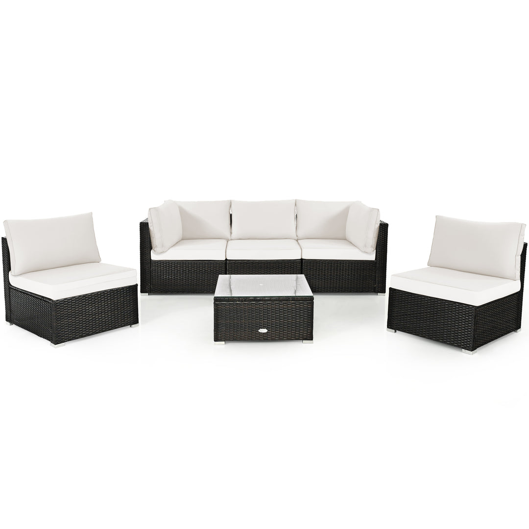 6 Piece Outdoor Rattan Sofa Set with Soft Seat and Back Cushions White - TidySpaces