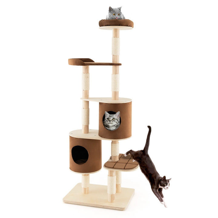 6 Tier Cat Tree Rubber Wood Cat Tower with Sisal Scratching Post