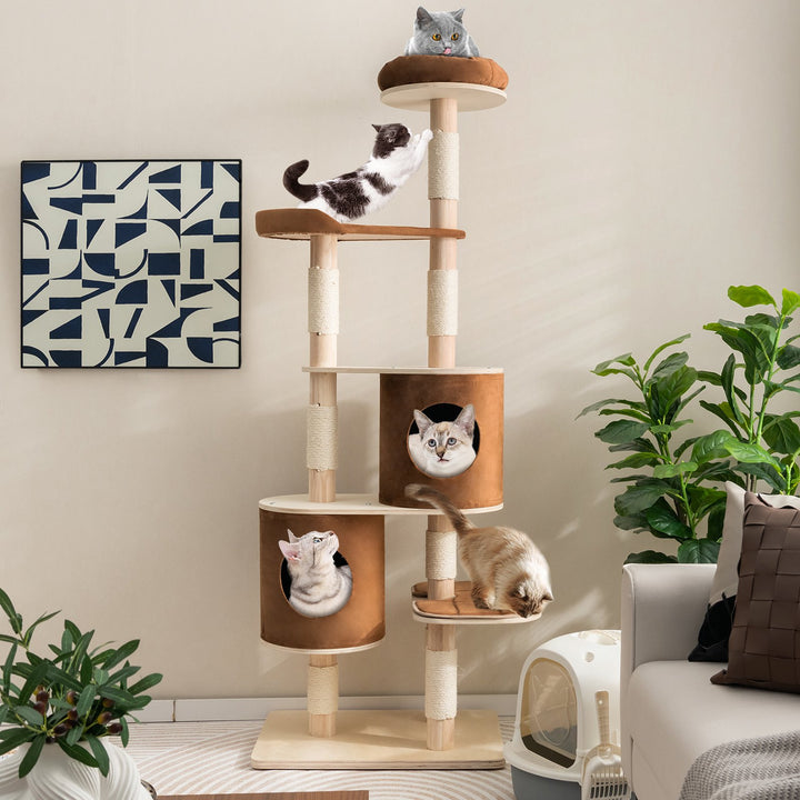 6 Tier Cat Tree Rubber Wood Cat Tower with Sisal Scratching Post