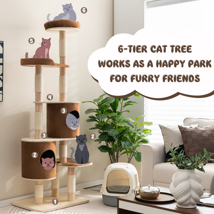 6 Tier Cat Tree Rubber Wood Cat Tower with Sisal Scratching Post