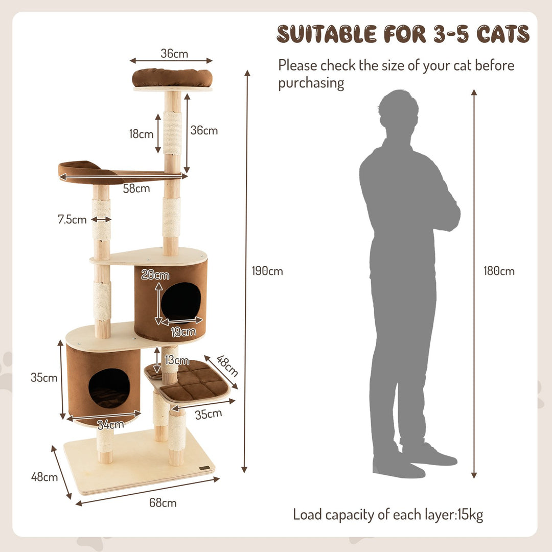 6 Tier Cat Tree Rubber Wood Cat Tower with Sisal Scratching Post