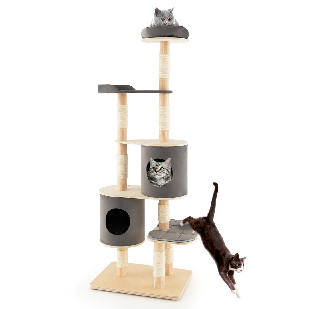 6 Tier Cat Tree Rubber Wood Cat Tower with Sisal Scratching Post