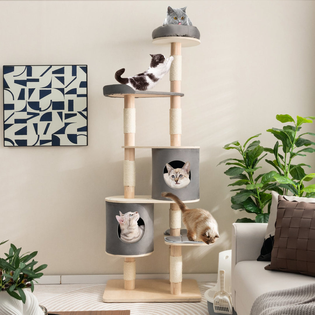 6 Tier Cat Tree Rubber Wood Cat Tower with Sisal Scratching Post